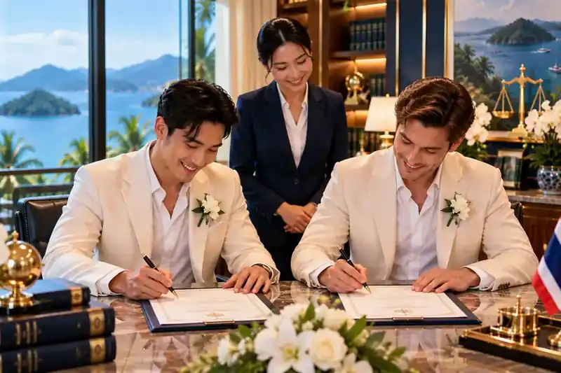 Couple signing a marriage registration in Thailand